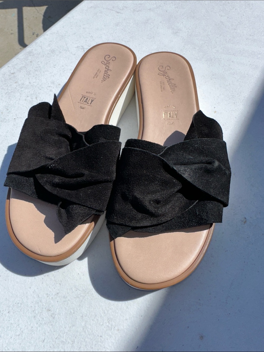 Seychelles Black Knot Suede Slide Sandals with White Platform